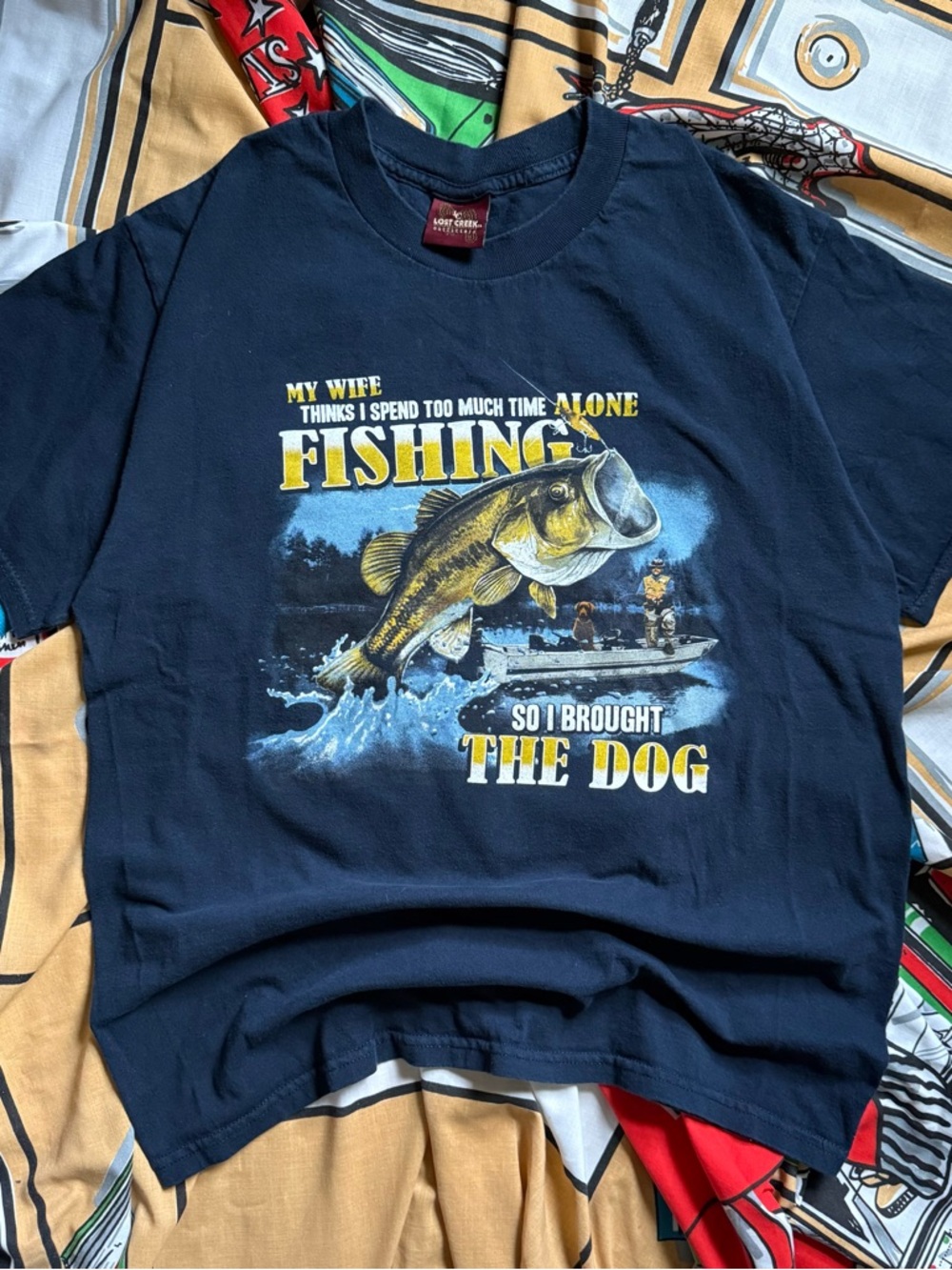 Vintage bass fishing dog dad joke t-shirt Large Lost Creek funny outdoor nature
